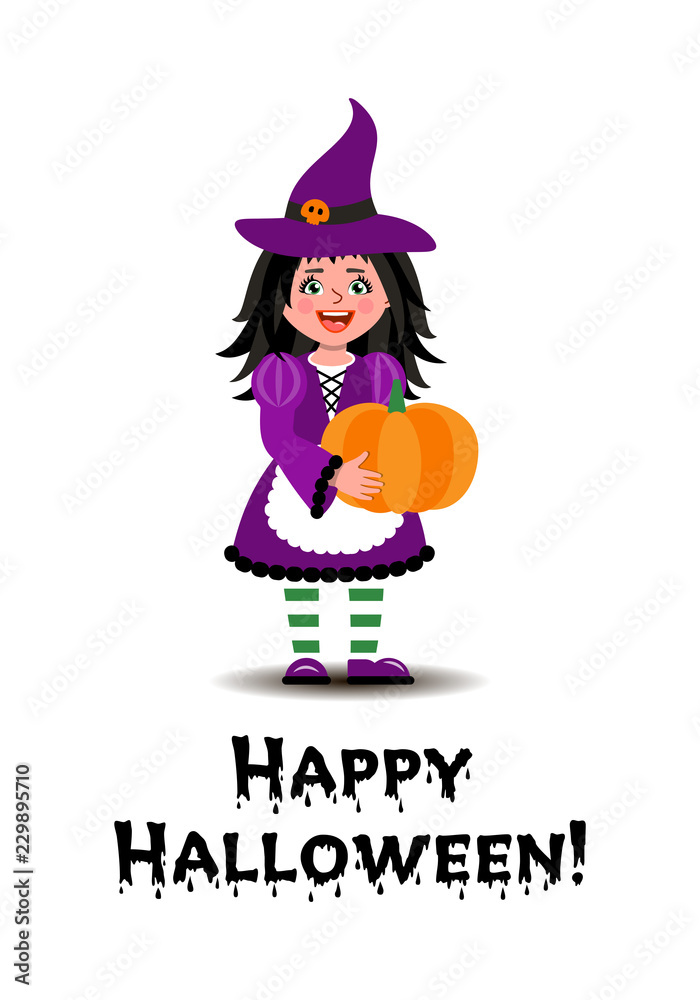 A girl in a witch costume holds a pumpkin for Halloween. Illustration in cartoon style.