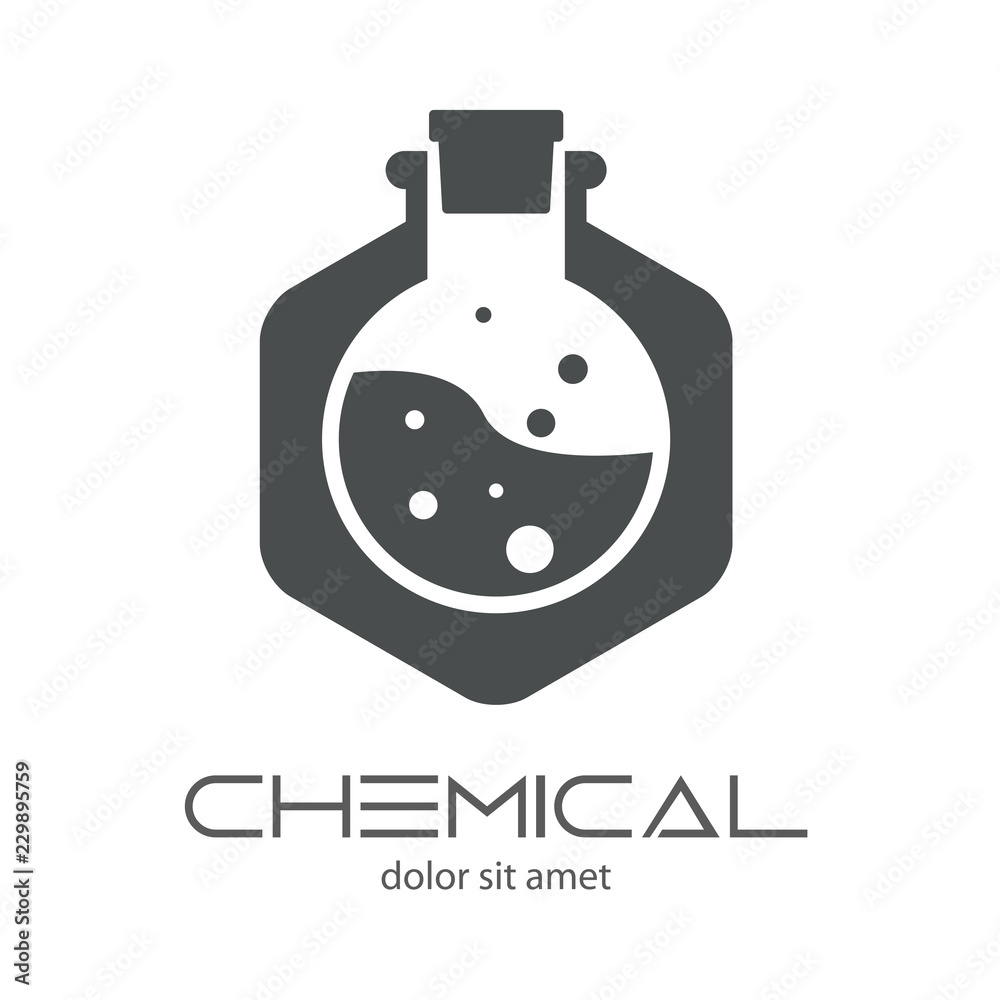 Logotipo CHEMICAL con probeta circular en hexágono gris