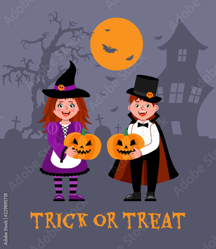 Happy Halloween. Children dressed in Halloween fancy dress to go Trick or Treating. Illustration in cartoon style.