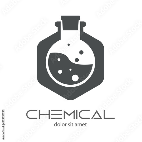 Logotipo CHEMICAL con probeta circular en hexágono gris