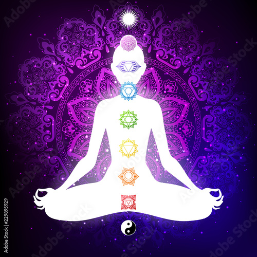Meditating woman in lotus pose. Yoga illustration.