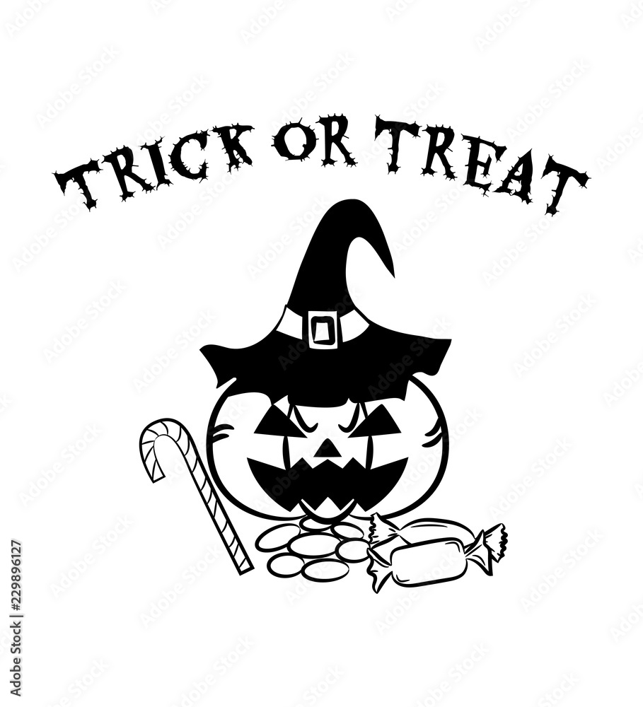 Obraz premium Halloween Pumpkin Bucket with Candy, sweets and lollipops. Outline icon