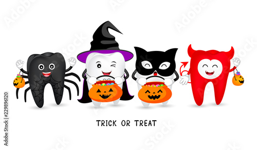 Cartoon spooky tooth with candies. Trick or treat, Halloween concept. Illustration isolated on white background.