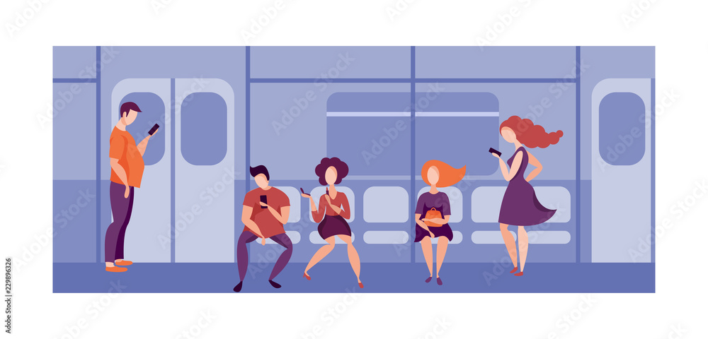 People using smartphone in public transport in train. People traveling on the subway.
