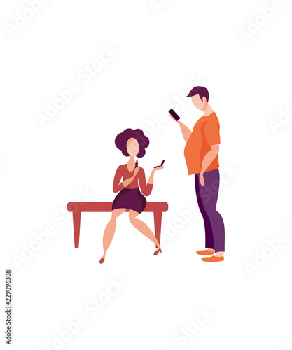 Young people using smartphone on bench