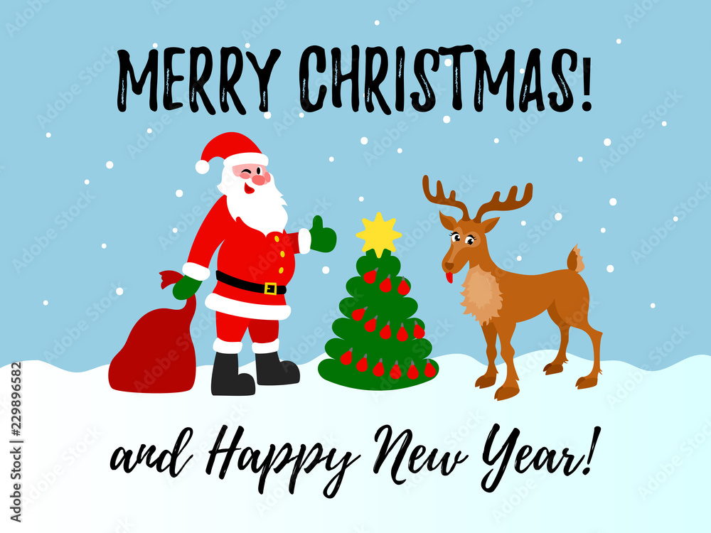 Holiday Christmas card with Santa Claus and reindeer standing near fir tree and gifts Holiday Christmas card with Santa Claus and reindeer standing near fir tree and gifts