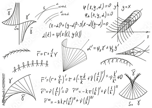 Mathematical formulas drawn by hand on a white chalkboard for the background. Vector illustration.