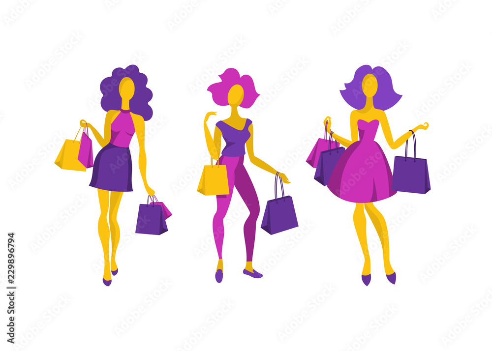 Set of beautiful young girls with shopping bags. Fashion women. Shopping day concept. Flat style. Vector illustration. Set of beautiful young girls with shopping bags. Fashion women. Shopping day concept. Flat style. Vector illustration.