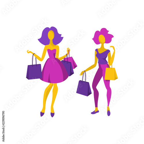 Set of beautiful young girls with shopping bags. Fashion women. Shopping day concept. Flat style. Vector illustration. © Мария Ко