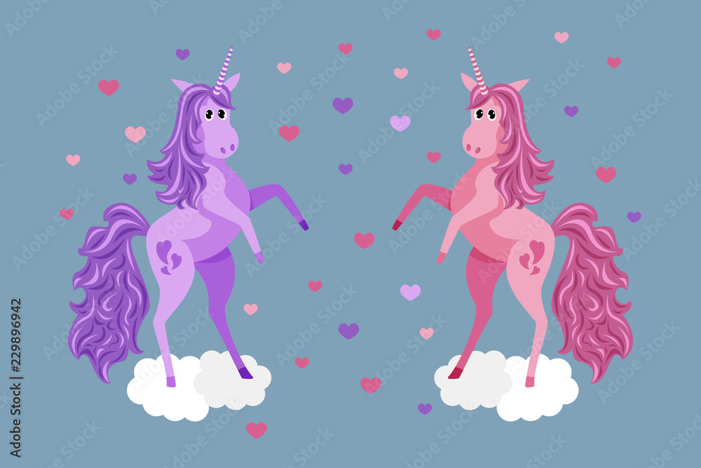 Two funny unicorns stand on their hind legs in the clouds. Cartoon style.