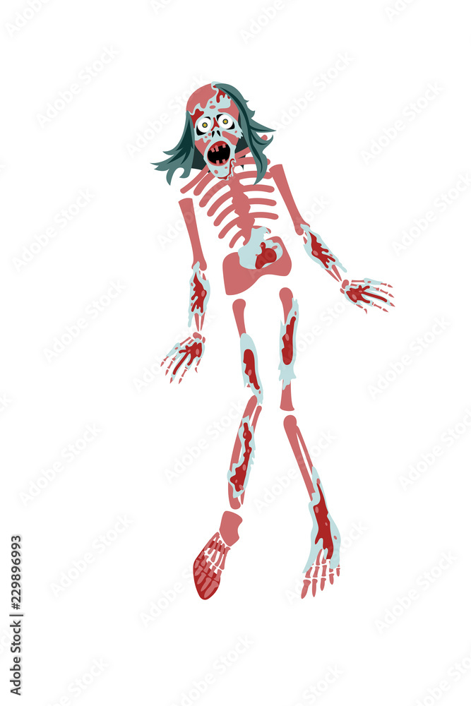 Fototapeta premium Zombie girl. Cute young woman in style of Dead Monster going for Halloween party. Vector illustration in flat cartoon style on a white background. Element for your design, prints and greeting card.
