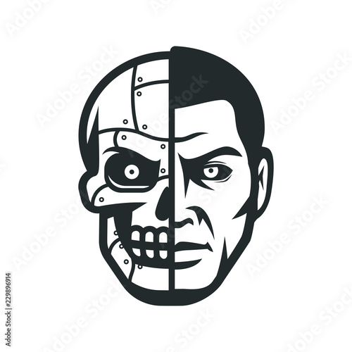 Robot face. Metallic cyborg head