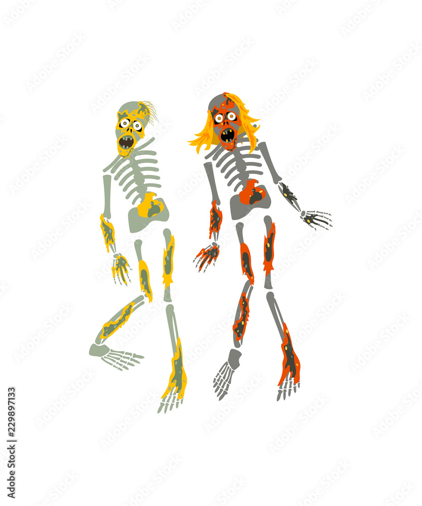 Vector cartoon illustration of zombies. Freaky man and woman characters