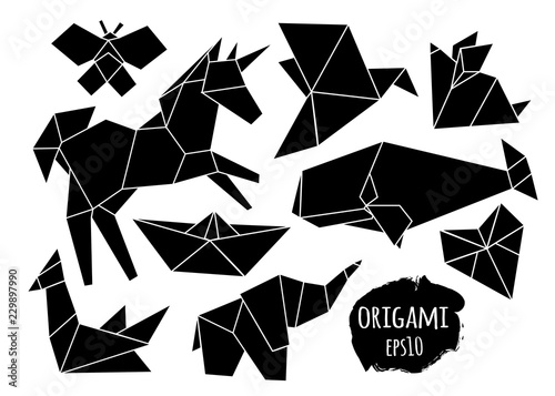 Various black polygonal animals. Origami style. Hand drawn vector set. All elements are isolated