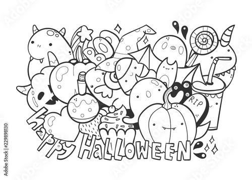 Happy halloween. Cute monsters. Doodle coloring page. Hand drawn vector illustration