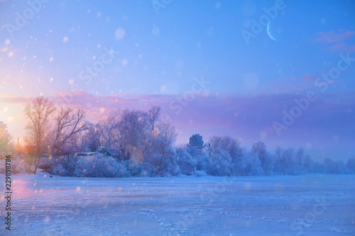 Christmas winter Landscape with Frozen lake and snowy trees