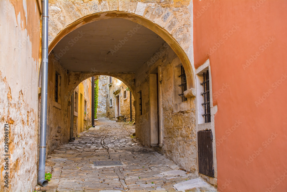An archway crossing a small street in the hill village of Groznjan (also called Grisignana) in Istria, Croatia

