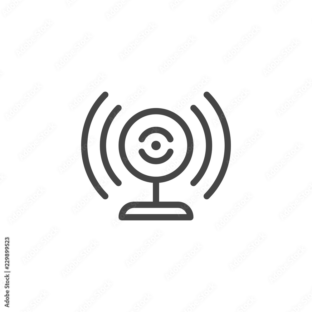 Broadcasting webcam icon. Web camera and sound waves label. Blogging, vlogging, online translation concept pictograph Broadcasting webcam icon. Web camera and sound waves label. Blogging, vlogging, online translation concept pictograph