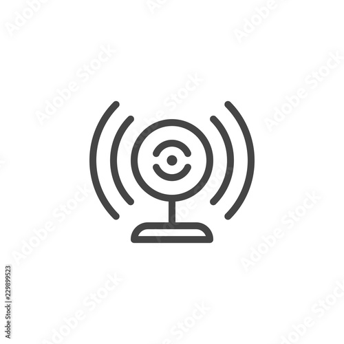Broadcasting webcam icon. Web camera and sound waves label. Blogging, vlogging, online translation concept pictograph