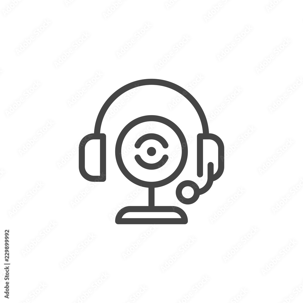 Web camera and headset microphone with headphones icon. Device for online communication, webinars, Internet connection Web camera and headset microphone with headphones icon. Device for online communication, webinars, Internet connection