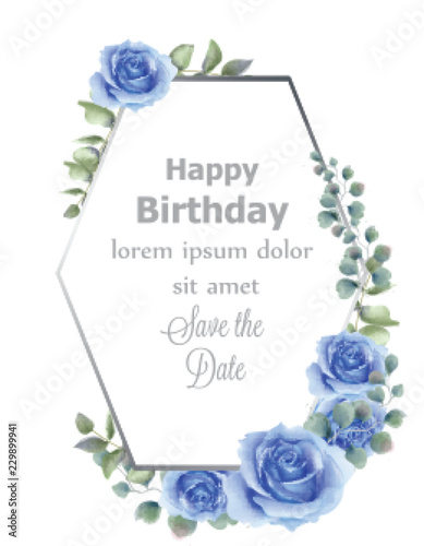 Watercolor blue rose flower card Vector. Vintage birthday greeting, wedding i...
