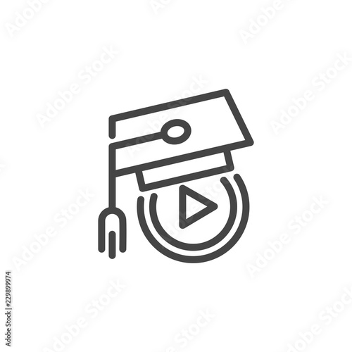 E-learning icon. Graduation cap and play button. Distance education symbol. Online webinars, lectures, courses label