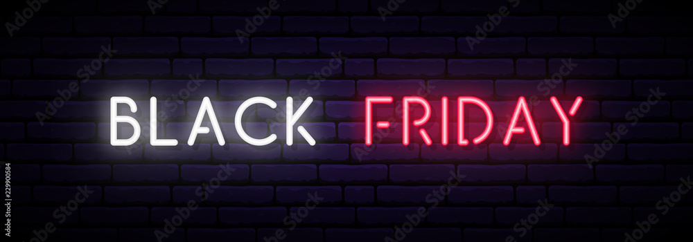 Black Friday Sale neon sign. Long horizontal light banner . Vector bright signboard.