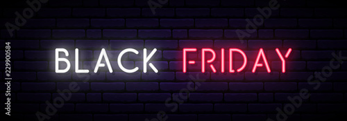 Black Friday Sale neon sign. Long horizontal light banner . Vector bright signboard.