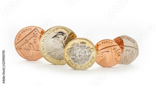 UK coins, including penny and pound coin photo