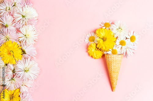 Waffle cone with flowers on pink background.