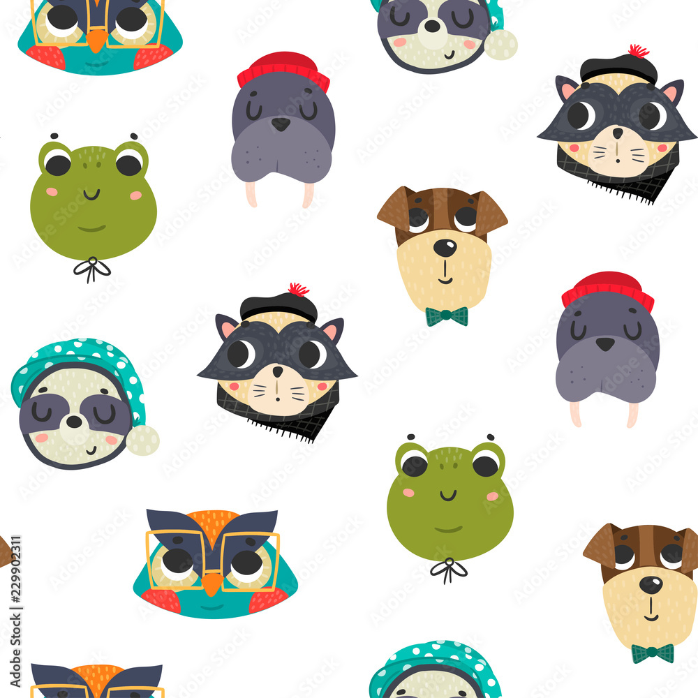 Obraz premium Cute animal avatars. Colored vector seamless pattern