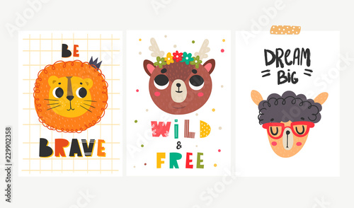Set of three cards with animal faces. Colored vector set. Every illustration is isolated