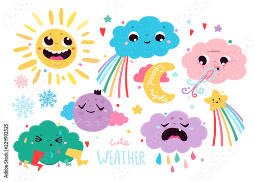 Cute weather icons. Colored vector set. All elements are isolated