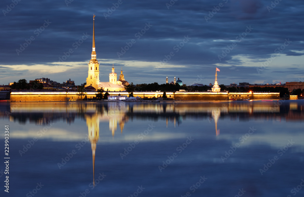 Peter and Paul fortress at night, on Neva, Saint-Petersburg, Russia