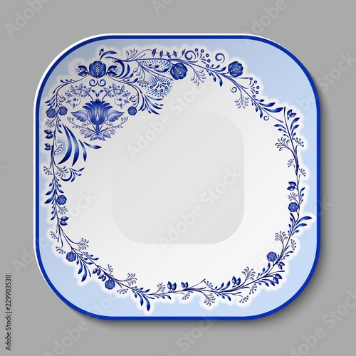 Square porcelain dish with a blue pattern in the style of national porcelain painting.