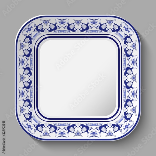 Square plate rim with ornaments with birds and flowers in style of Gzhel national painting on porcelain.