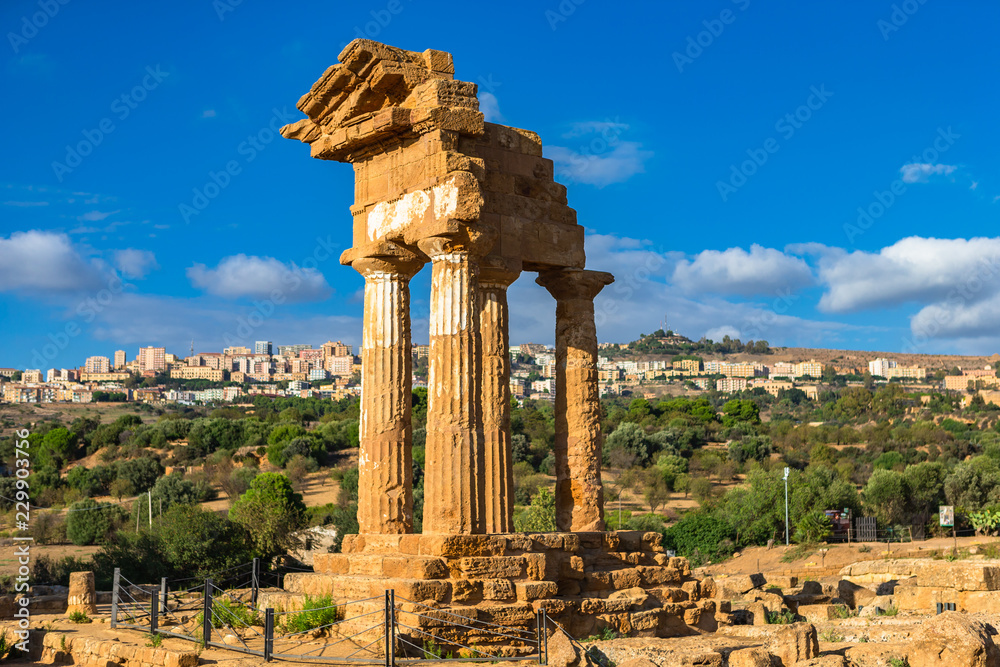Temple of Dioscuri (Castor and Pollux). Famous ancient ruins in Valley of Temples, Agrigento, Sicily, Italy. UNESCO World Heritage Site.