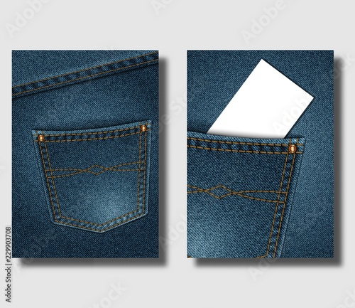 Advertising poster design template with blue denim background and with sewn pockets. Can be used to design leaflets, brochure cover or banner.