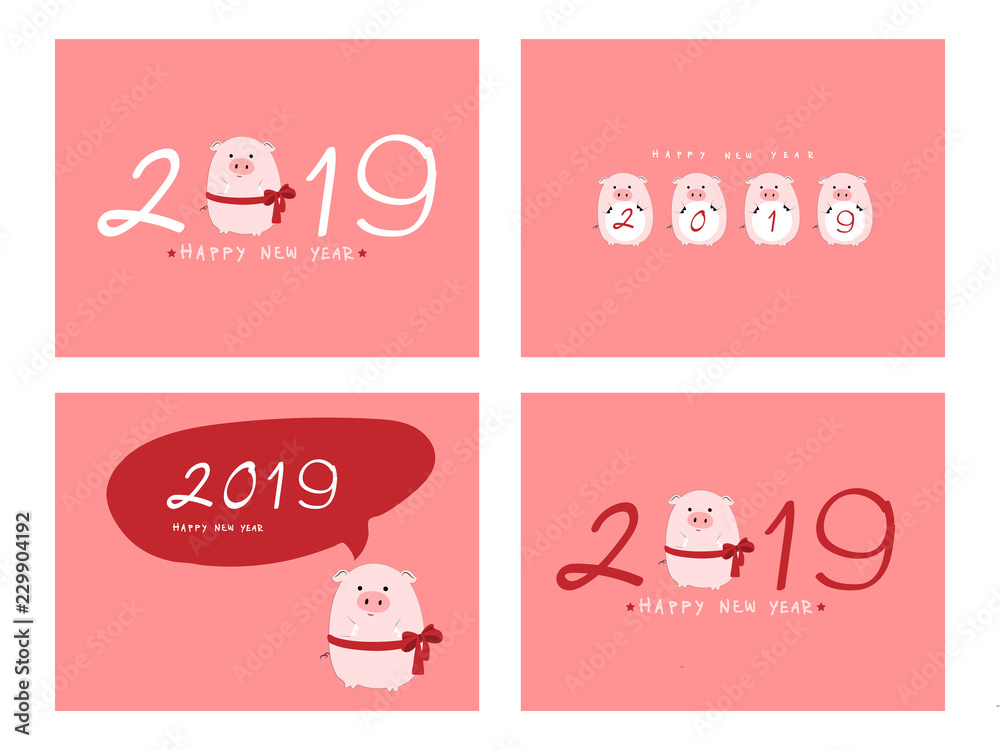 Set of Happy Chinese new year 2019,Chinese symbol of 2019 ,Vector illustration Flat designs of Cute piglet cartoon with hand-lettering words for greeting cards, cover and banner Set of Happy Chinese new year 2019,Chinese symbol of 2019 ,Vector illustration Flat designs of Cute piglet cartoon with hand-lettering words for greeting cards, cover and banner