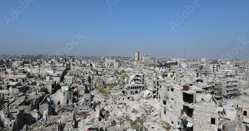 city of Aleppo in aerial view, filmed by a drone, syria