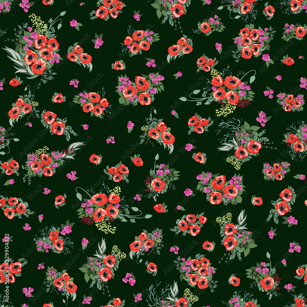 Seamless pattern in small pretty flowers. Poppy bouquets. Liberty style millefleurs. Floral background for textile, wallpaper, pattern fills, covers, surface, print, wrap, scrapbooking, decoupage.