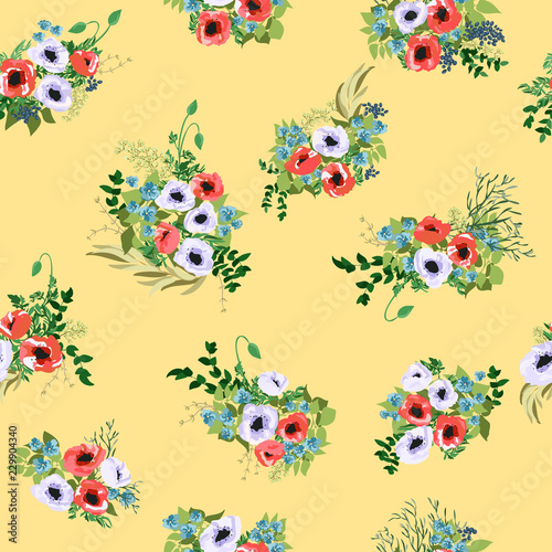Seamless pattern in small pretty flowers. Poppy bouquets. Liberty style millefleurs. Floral background for textile, wallpaper, pattern fills, covers, surface, print, wrap, scrapbooking, decoupage.