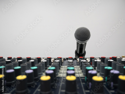 Audio mixer console in studio with microphone
