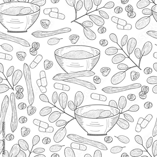 Moringa. Plant. Seeds, powder, bowl. Background, wallpaper, seamless. Sketch. Monochrome