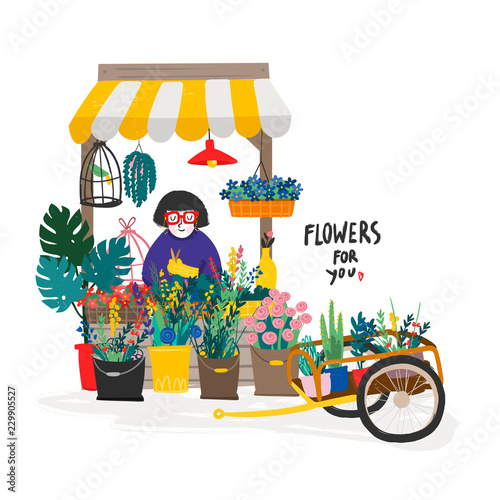 Flower shop and trailer. Hand drawn vector illustration