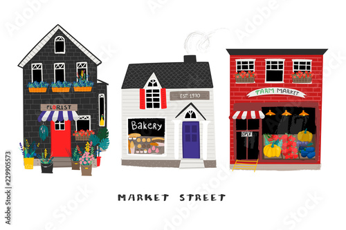Market street. Bakery, flower and farm shops. Colored vector set. Every building is isolated