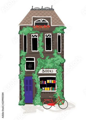 Book store house and bicycle. Hand drawn vector illustration