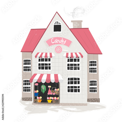 Candy shop building. Hand drawn vector illustration