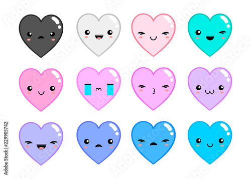Kawaii hearts with various emotions. Colored vector set. All elements are isolated