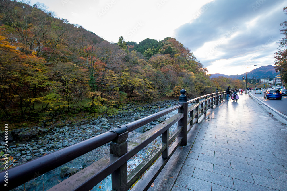 Obraz premium Kinugawa river in Nikko Prefecture, Japan dawn evening with mountain, river and cloud